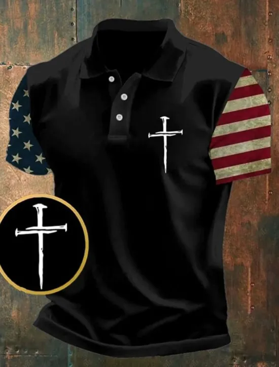 Best OUKU American Independence Day Men's American US Flag Cross Polo Shirts Button Up Polos Golf Shirt Short Sleeve Polo Shirts Lapel Fashion Casual Daily Festival Print Summer Black Navy Blue