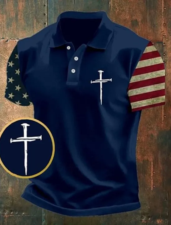 Best OUKU American Independence Day Men's American US Flag Cross Polo Shirts Button Up Polos Golf Shirt Short Sleeve Polo Shirts Lapel Fashion Casual Daily Festival Print Summer Black Navy Blue