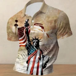 New OUKU American Independence Day Men's American Flag Veterans Waffle Polo Shirts Golf Shirt Short Sleeve Polo Shirts Collared Shirts Streetwear Vacation Wear Party Outfits Buttons 3D Print Summer Spring Khaki