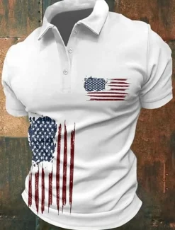 Sale OUKU American Independence Day Men's American US Flag Polo Shirts Button Up Polos Golf Shirt Short Sleeve Polo Shirts Lapel Fashion Casual Daily Festival Print Summer Black White