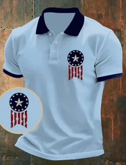 Outlet OUKU American Independence Day Men's American US Flag Polo Shirts Button Up Polos Golf Shirt Short Sleeve Polo Shirts Lapel Fashion Casual Daily Festival Print Summer White Red Blue