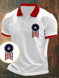 Outlet OUKU American Independence Day Men's American US Flag Polo Shirts Button Up Polos Golf Shirt Short Sleeve Polo Shirts Lapel Fashion Casual Daily Festival Print Summer White Red Blue