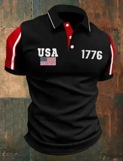 Sale OUKU American Independence Day Men's Color Block American US Flag Polo Shirts Button Up Polos Golf Shirt Short Sleeve Polo Shirts Lapel Fashion Casual Daily Festival Print Summer Black