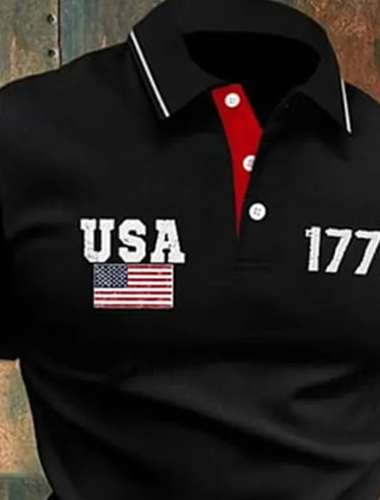Sale OUKU American Independence Day Men's Color Block American US Flag Polo Shirts Button Up Polos Golf Shirt Short Sleeve Polo Shirts Lapel Fashion Casual Daily Festival Print Summer Black