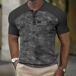 Best OUKU American Independence Day Men's American US Flag Waffle Polo Shirts Short Sleeve Polo Shirts Collared Shirts Casual Street Festival Outfit Buttons 3D Print Summer Black Green Gray