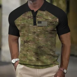 Best OUKU American Independence Day Men's American US Flag Waffle Polo Shirts Short Sleeve Polo Shirts Collared Shirts Casual Street Festival Outfit Buttons 3D Print Summer Black Green Gray