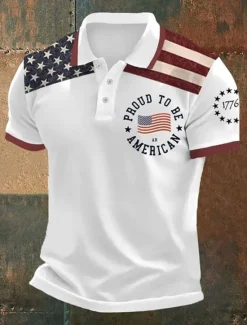 Hot OUKU American Independence Day Men's American US Flag Polo Shirts Button Up Polos Golf Shirt Short Sleeve Polo Shirts Lapel Fashion Casual Daily Festival Print Summer Black White Navy Blue