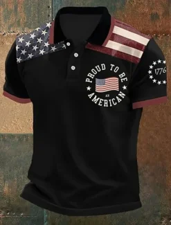 Hot OUKU American Independence Day Men's American US Flag Polo Shirts Button Up Polos Golf Shirt Short Sleeve Polo Shirts Lapel Fashion Casual Daily Festival Print Summer Black White Navy Blue