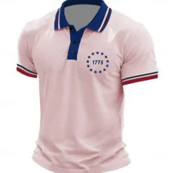 Clearance OUKU American Independence Day Men's American US Flag Polo Short Sleeve Polo Shirts Collared Shirts Casual Outdoor Daily Wear 3D Print Summer White Light Green Pink