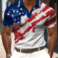 Discount OUKU American Independence Day Men's American US Flag Polo Short Sleeve Polo Shirts Collared Shirts Casual Outdoor Daily Wear 3D Print Summer White Blue Dark Blue
