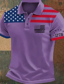 Discount OUKU American Independence Day Men's American US Flag Polo Shirts Button Up Polos Golf Shirt Short Sleeve Polo Shirts Lapel Fashion Casual Daily Festival Print Summer White Pink Red