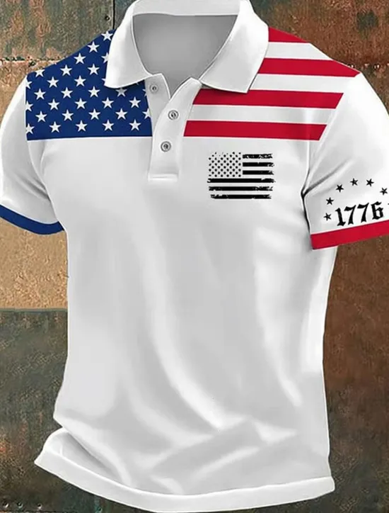 Discount OUKU American Independence Day Men's American US Flag Polo Shirts Button Up Polos Golf Shirt Short Sleeve Polo Shirts Lapel Fashion Casual Daily Festival Print Summer White Pink Red