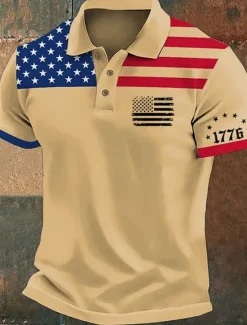Discount OUKU American Independence Day Men's American US Flag Polo Shirts Button Up Polos Golf Shirt Short Sleeve Polo Shirts Lapel Fashion Casual Daily Festival Print Summer White Pink Red