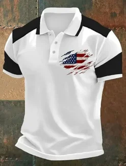 Outlet OUKU American Independence Day Men's American US Flag Polo Shirts Button Up Polos Golf Shirt Short Sleeve Polo Shirts Lapel Fashion Casual Daily Festival Print Summer Black Red Khaki
