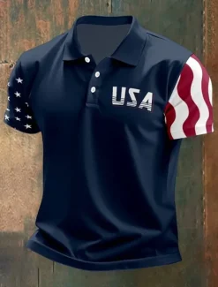 OUKU American Independence Day Men's American US Flag Polo Shirts Button Up Polos Golf Shirt Short Sleeve Polo Shirts Lapel Fashion Casual Daily Festival Print Summer Navy Blue