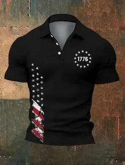 Hot OUKU American Independence Day Men's American US Flag Polo Shirts Button Up Polos Golf Shirt Short Sleeve Polo Shirts Lapel Fashion Casual Daily Festival Print Summer Black White Navy Blue