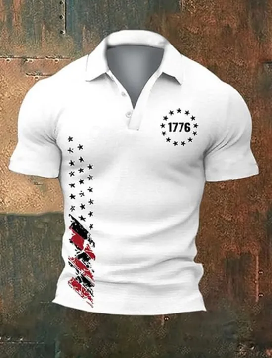 Hot OUKU American Independence Day Men's American US Flag Polo Shirts Button Up Polos Golf Shirt Short Sleeve Polo Shirts Lapel Fashion Casual Daily Festival Print Summer Black White Navy Blue