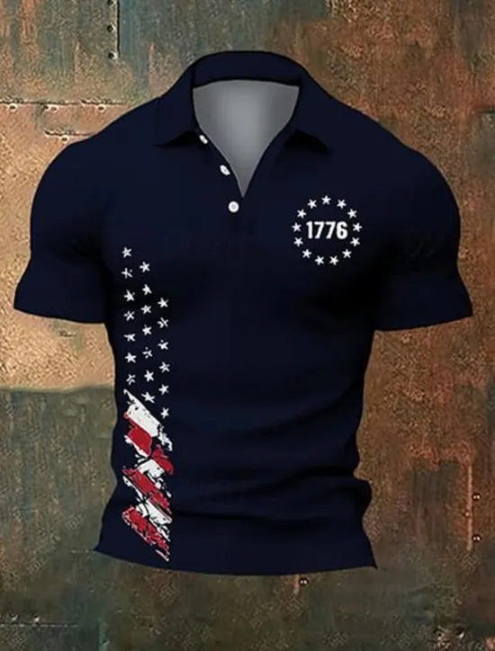 Hot OUKU American Independence Day Men's American US Flag Polo Shirts Button Up Polos Golf Shirt Short Sleeve Polo Shirts Lapel Fashion Casual Daily Festival Print Summer Black White Navy Blue
