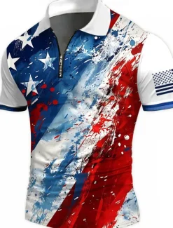 Best OUKU American Independence Day Men's American US Flag Zip Polo Shirts Short Sleeve Polo Shirts Collared Shirts Casual Athleisure Daily Wear 3D Print Summer White Red Blue