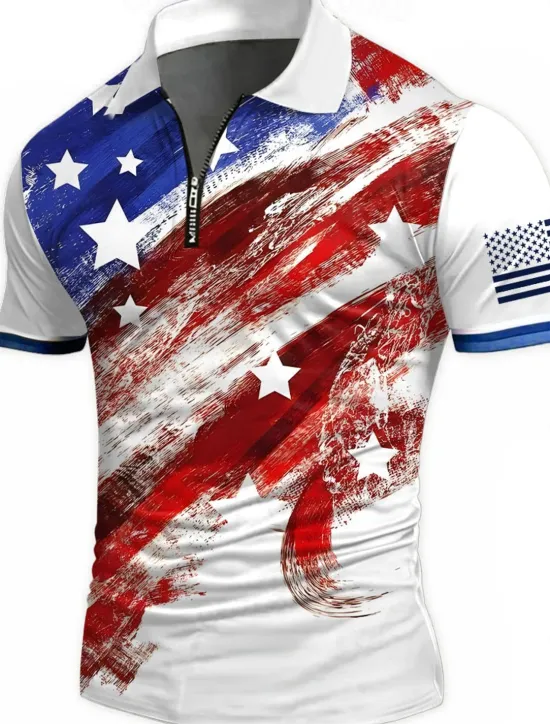 Best OUKU American Independence Day Men's American US Flag Zip Polo Shirts Short Sleeve Polo Shirts Collared Shirts Casual Athleisure Daily Wear 3D Print Summer White Red Blue