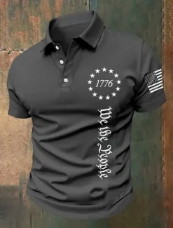 New OUKU American Independence Day Men's American US Flag 1776 Polo Shirts Button Up Polos Golf Shirt Short Sleeve Polo Shirts Lapel Fashion Casual Daily Festival Print Summer Black White Gray