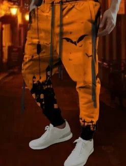 Discount OUKU Bat Gothic Halloween Men's 3D Print Sweatpants Pants Trousers Halloween Halloween Polyester Red Orange Green S M L Mid Waist Elasticity Pants
