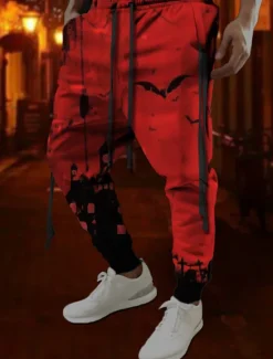 Discount OUKU Bat Gothic Halloween Men's 3D Print Sweatpants Pants Trousers Halloween Halloween Polyester Red Orange Green S M L Mid Waist Elasticity Pants