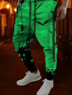 Discount OUKU Bat Gothic Halloween Men's 3D Print Sweatpants Pants Trousers Halloween Halloween Polyester Red Orange Green S M L Mid Waist Elasticity Pants