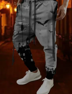 Discount OUKU Bat Gothic Halloween Men's 3D Print Sweatpants Pants Trousers Halloween Halloween Polyester Red Orange Green S M L Mid Waist Elasticity Pants