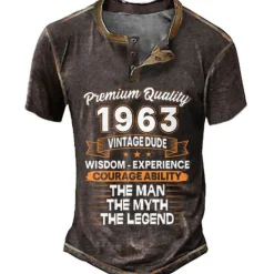 Online OUKU Birthday Mens Graphic Shirt Premium Quality 1963 Vintage Dude Wisdom Experience Courage Ability The Man Myth Legend 3D For Blue Summer Henley Tee Brown