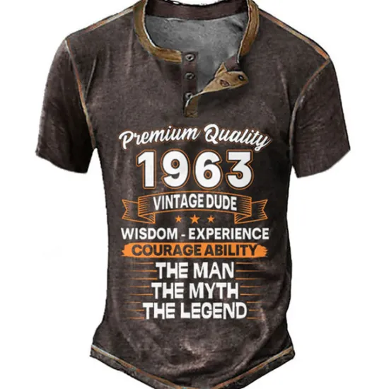 Online OUKU Birthday Mens Graphic Shirt Premium Quality 1963 Vintage Dude Wisdom Experience Courage Ability The Man Myth Legend 3D For Blue Summer Henley Tee Brown