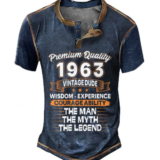 Online OUKU Birthday Mens Graphic Shirt Premium Quality 1963 Vintage Dude Wisdom Experience Courage Ability The Man Myth Legend 3D For Blue Summer Henley Tee Brown