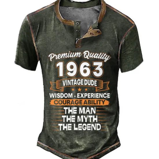 Online OUKU Birthday Mens Graphic Shirt Premium Quality 1963 Vintage Dude Wisdom Experience Courage Ability The Man Myth Legend 3D For Blue Summer Henley Tee Brown
