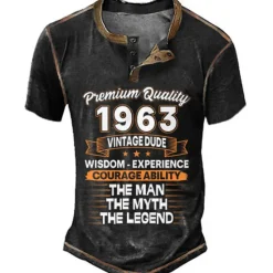 Online OUKU Birthday Mens Graphic Shirt Premium Quality 1963 Vintage Dude Wisdom Experience Courage Ability The Man Myth Legend 3D For Blue Summer Henley Tee Brown