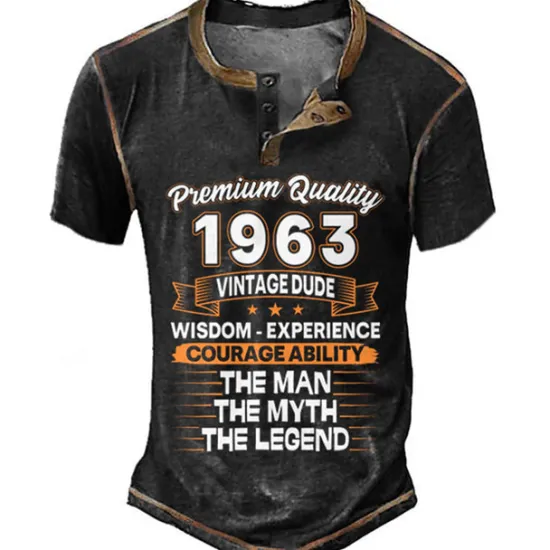 Online OUKU Birthday Mens Graphic Shirt Premium Quality 1963 Vintage Dude Wisdom Experience Courage Ability The Man Myth Legend 3D For Blue Summer Henley Tee Brown