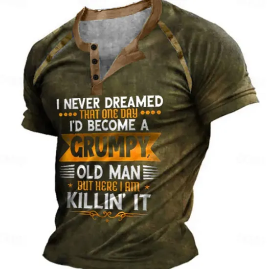 Outlet OUKU Birthday Mens Graphic Shirt Henley Tee Color Block Letter Clothing Apparel 3D Print Outdoor Casual Short Sleeve Patchwork Button Down Fashion Designer T-Shirt Black Cotton Grumpy Old Man Button-Down