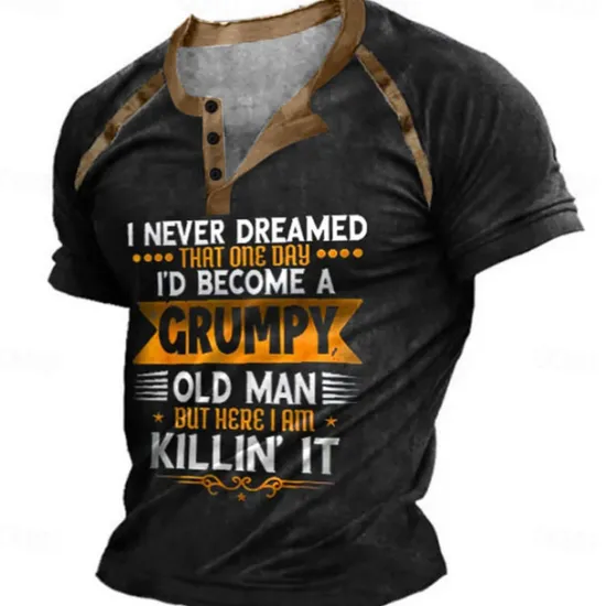 Outlet OUKU Birthday Mens Graphic Shirt Henley Tee Color Block Letter Clothing Apparel 3D Print Outdoor Casual Short Sleeve Patchwork Button Down Fashion Designer T-Shirt Black Cotton Grumpy Old Man Button-Down