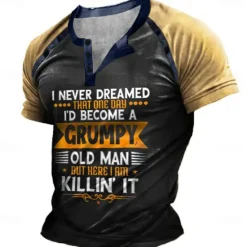 Outlet OUKU Birthday Mens Graphic Shirt Henley Tee Color Block Letter Clothing Apparel 3D Print Outdoor Casual Short Sleeve Patchwork Button Down Fashion Designer T-Shirt Black Cotton Grumpy Old Man Button-Down