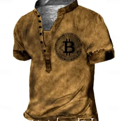Outlet OUKU Bitcoin Wallet Mens Graphic Shirt Vintage 3D | Summer Cotton Designer Basic Casual Print Tee Henley Outdoor Daily Sports Short Sleeve Stand Brown