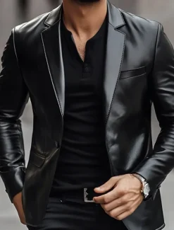 New OUKU Men's PU Leather Blazer Office Work Street Pocket Fashion Casual Spring & Fall Polyester Plain Pocket Casual / Daily Single Breasted Blazer Black