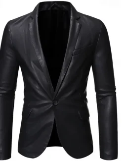 New OUKU Men's PU Leather Blazer Office Work Street Pocket Fashion Casual Spring & Fall Polyester Plain Pocket Casual / Daily Single Breasted Blazer Black