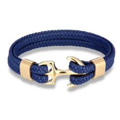 Best OUKU bracelet for men, sturdy cowhide leather bracelet, multilayer vintage anchor bracelet wrap cuff - blue with silver anchor