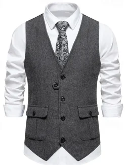 Discount OUKU Brown Grey Men's Fashion Herringbone Tweed Vest Tailored Fit V Neck Single Breasted Four-buttons
