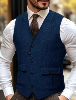 Discount OUKU Brown Grey Men's Fashion Herringbone Tweed Vest Tailored Fit V Neck Single Breasted Four-buttons