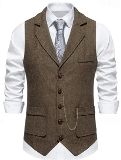Hot OUKU Brown Grey Men's Herringbone Tweed Vest Standard Fit Notch Single Breasted Five-buttons