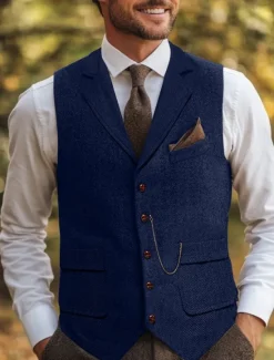 Hot OUKU Brown Grey Men's Herringbone Tweed Vest Standard Fit Notch Single Breasted Five-buttons
