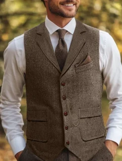 Hot OUKU Brown Grey Men's Herringbone Tweed Vest Standard Fit Notch Single Breasted Five-buttons