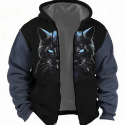Hot OUKU Christmas Men's Cat Hoodie Hoodies Sweatshirt Fashion Daily Long Sleeve Hooded Holiday Travel Yellow Blue Drawstring Zipper Pocket Fall Winter Designer