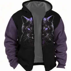 Hot OUKU Christmas Men's Cat Hoodie Hoodies Sweatshirt Fashion Daily Long Sleeve Hooded Holiday Travel Yellow Blue Drawstring Zipper Pocket Fall Winter Designer