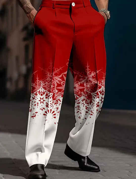 Outlet OUKU Christmas Men's Christmas Scene Printed Pants Snowflake Business Casual 3D Print Trousers Outdoor Street Wear to work Polyester Black and White Wine Yellow S M L High Elasticity Pants